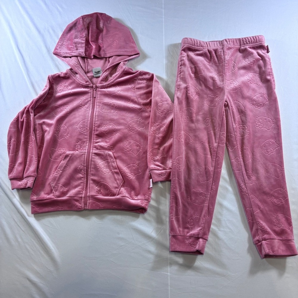 Sanrio Hello Kitty‎ Pink Velour Tracksuit Hoodie & Joggers Set Kids Size 7-8YRS